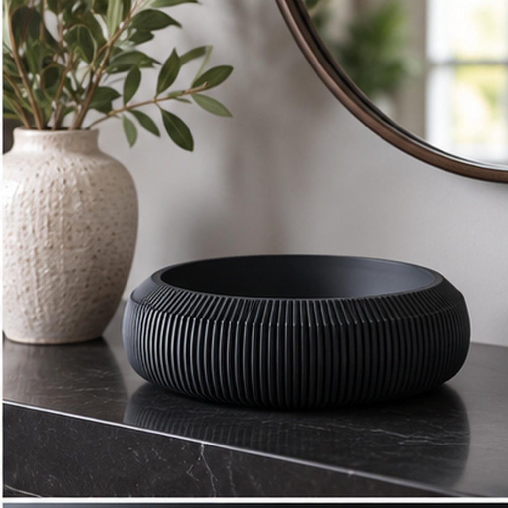 3D Printed Pleated Sculptural Bowl, Modern Black Japandi Centerpiece, Architectural Decor