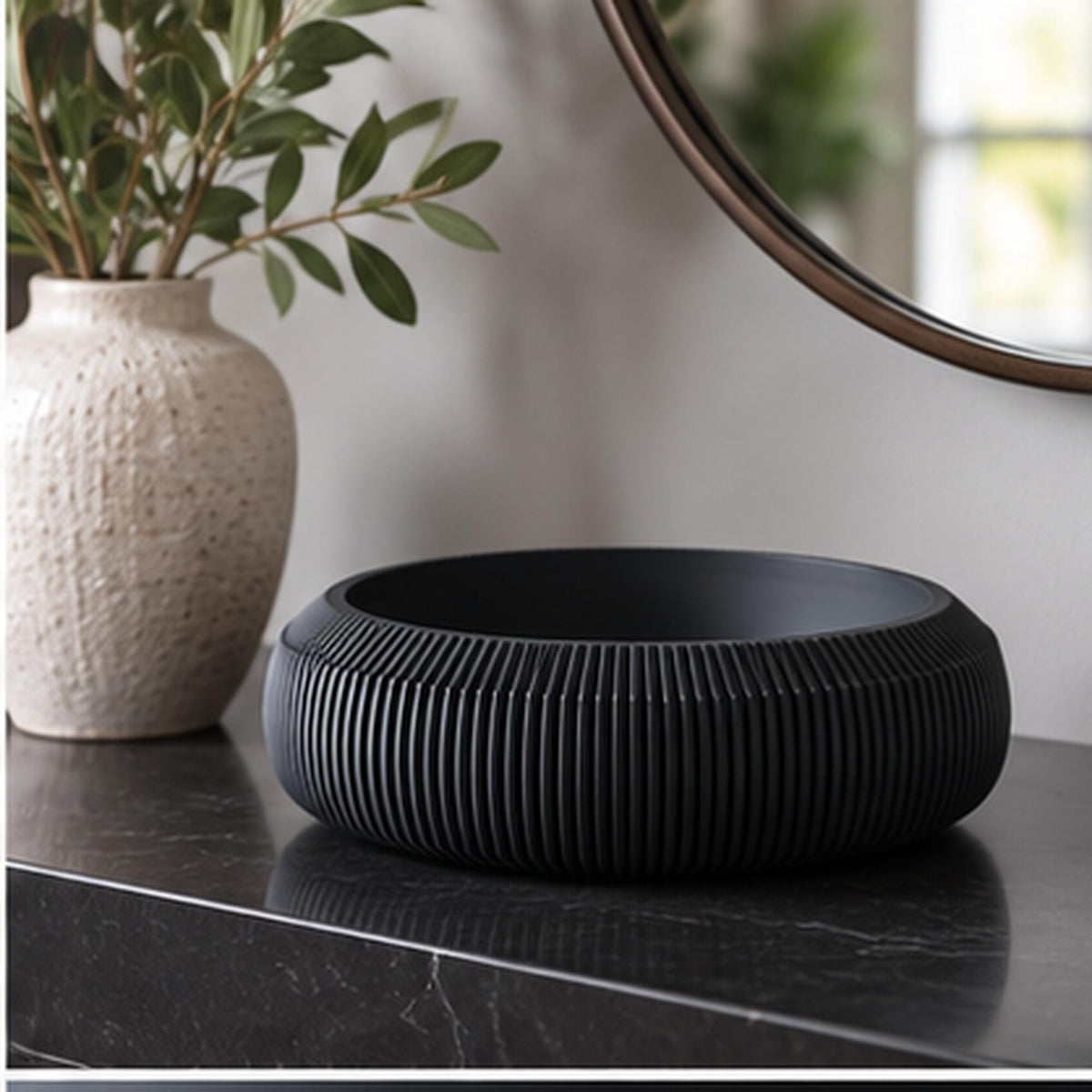 3D Printed Pleated Sculptural Bowl, Modern Black Japandi Centerpiece, Architectural Decor