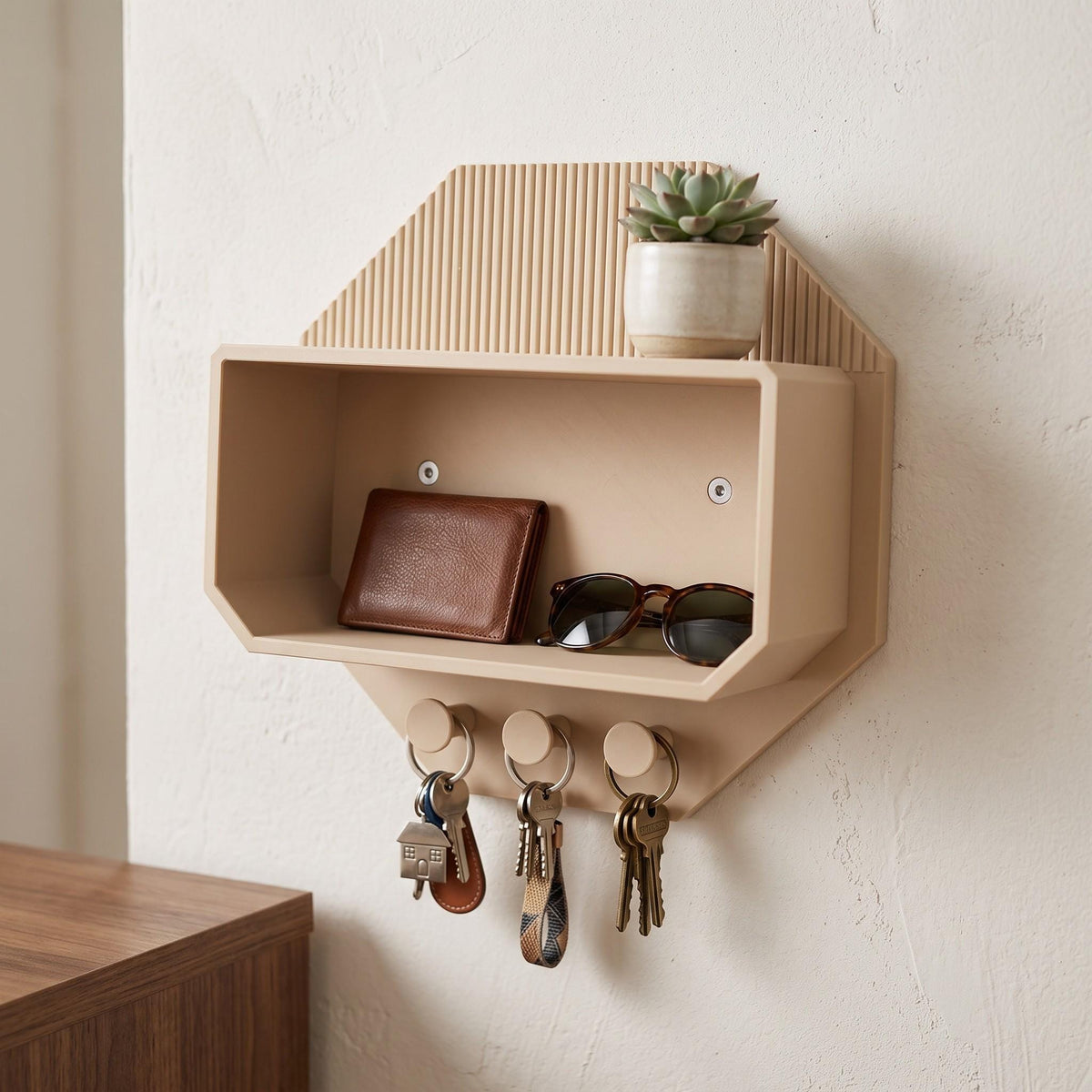Modern Octagonal Key Shelf – 3D Printed Entryway Organizer with Hooks (PLA)