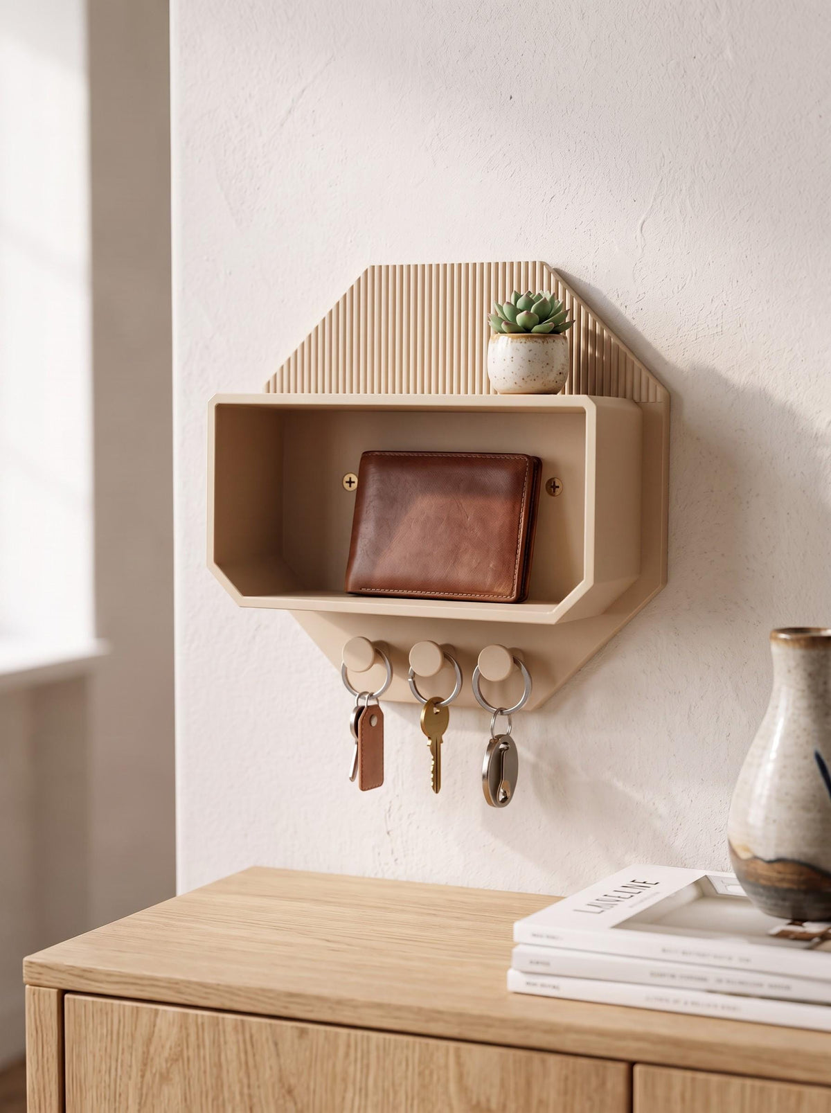 Modern Octagonal Key Shelf – 3D Printed Entryway Organizer with Hooks (PLA)