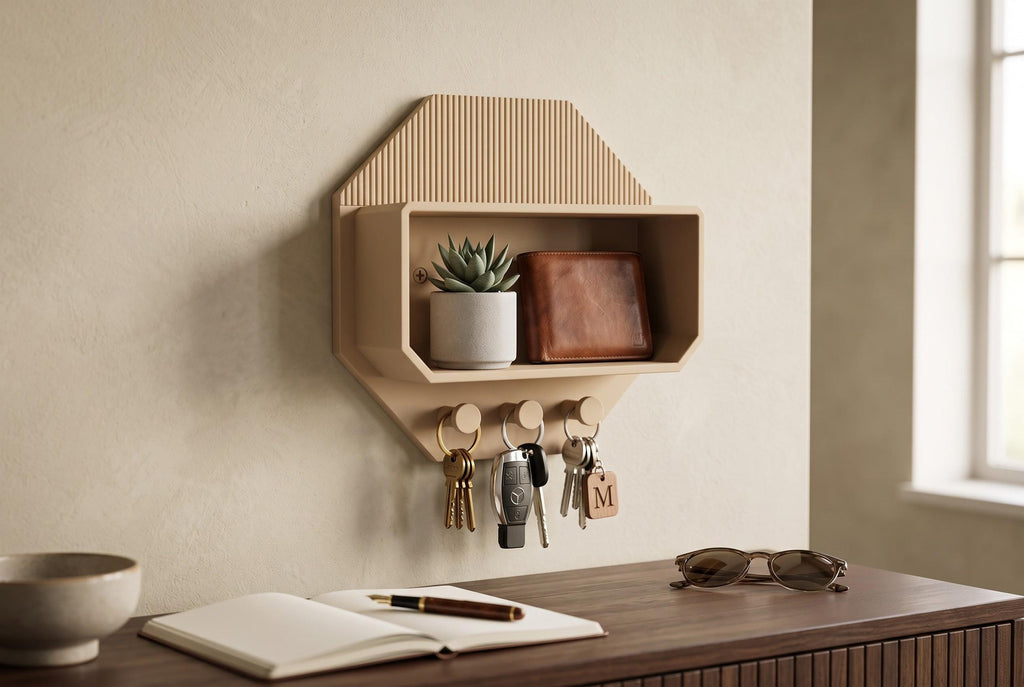 Modern Octagonal Key Shelf – 3D Printed Entryway Organizer with Hooks (PLA)