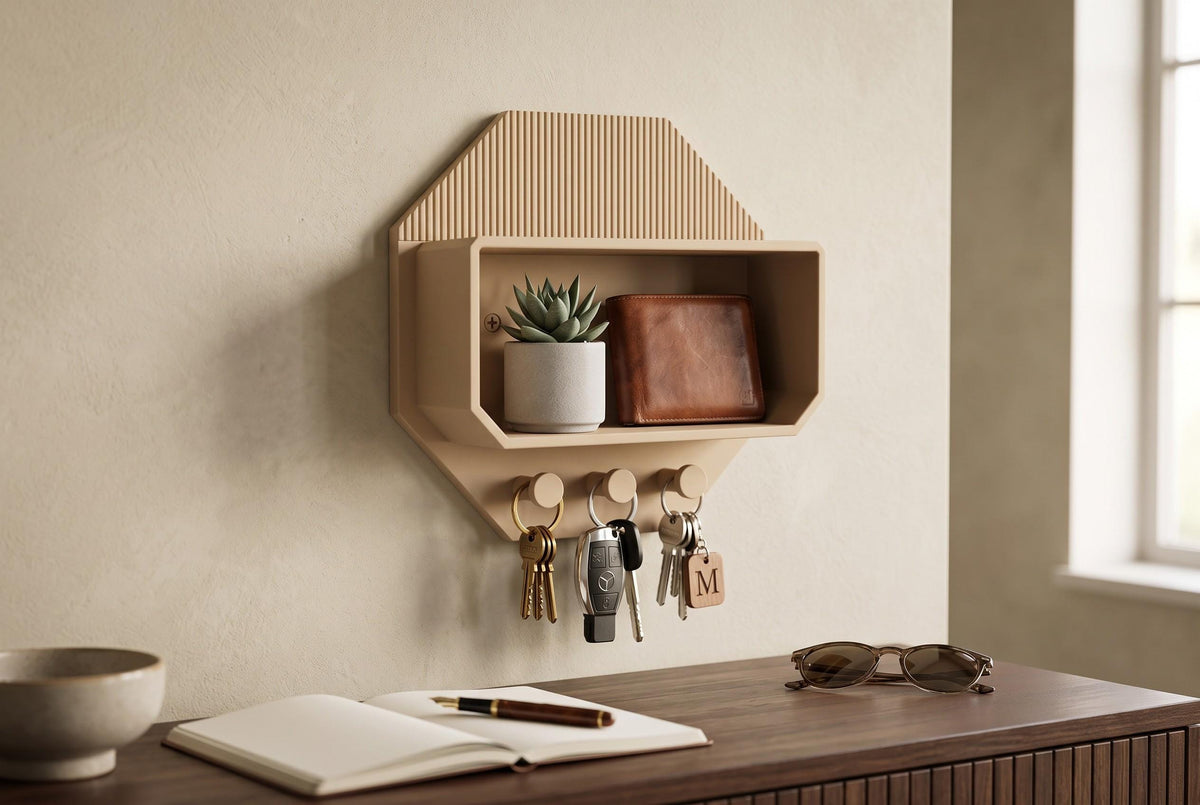 Modern Octagonal Key Shelf – 3D Printed Entryway Organizer with Hooks (PLA)