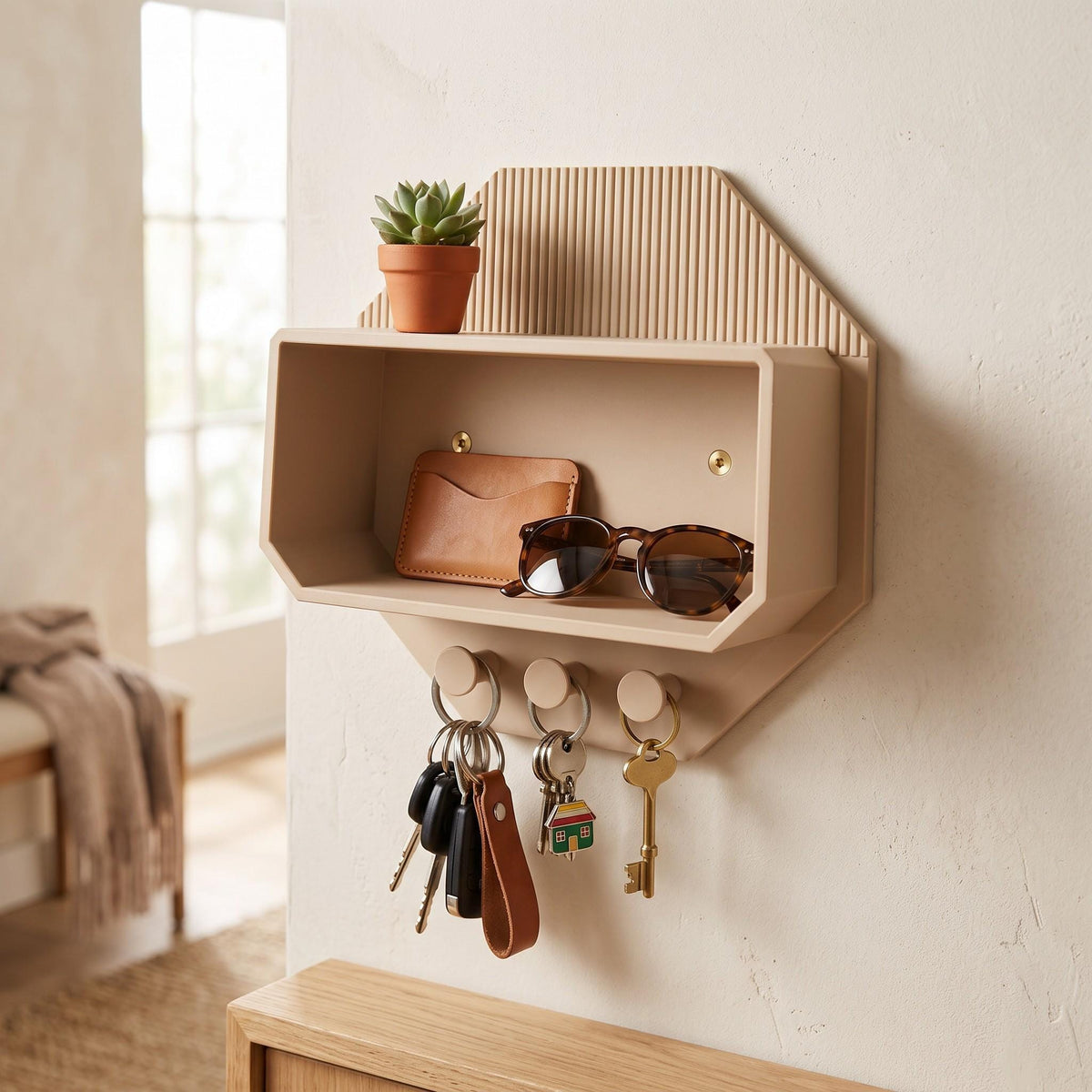 Modern Octagonal Key Shelf – 3D Printed Entryway Organizer with Hooks (PLA)