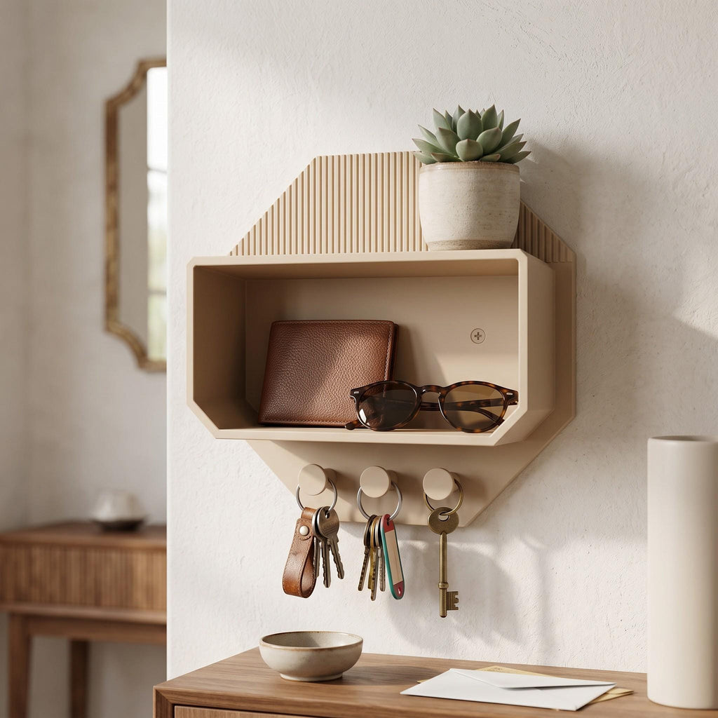 Modern Octagonal Key Shelf – 3D Printed Entryway Organizer with Hooks (PLA)