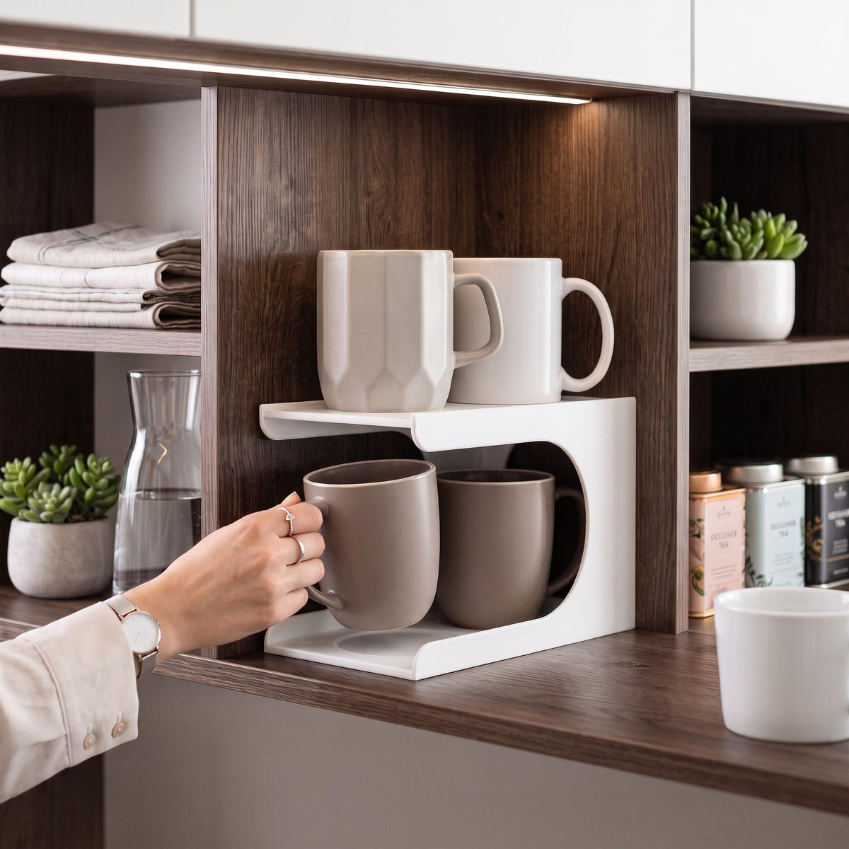 3D Printed Vertical Cup Organizer, Space-Saving Cabinet Storage (4 Cup Holder)