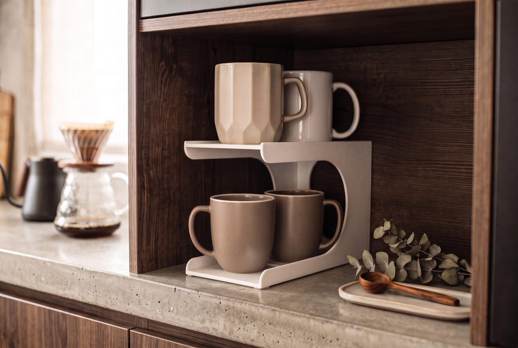 3D Printed Vertical Cup Organizer, Space-Saving Cabinet Storage (4 Cup Holder)
