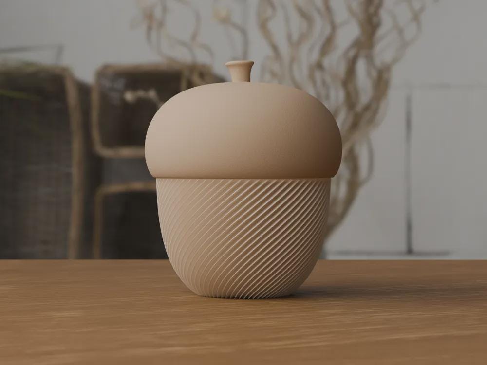 3D Printed Acorn Trinket Box, Spiral Ribbed Autumn Storage Jar (80x100mm)
