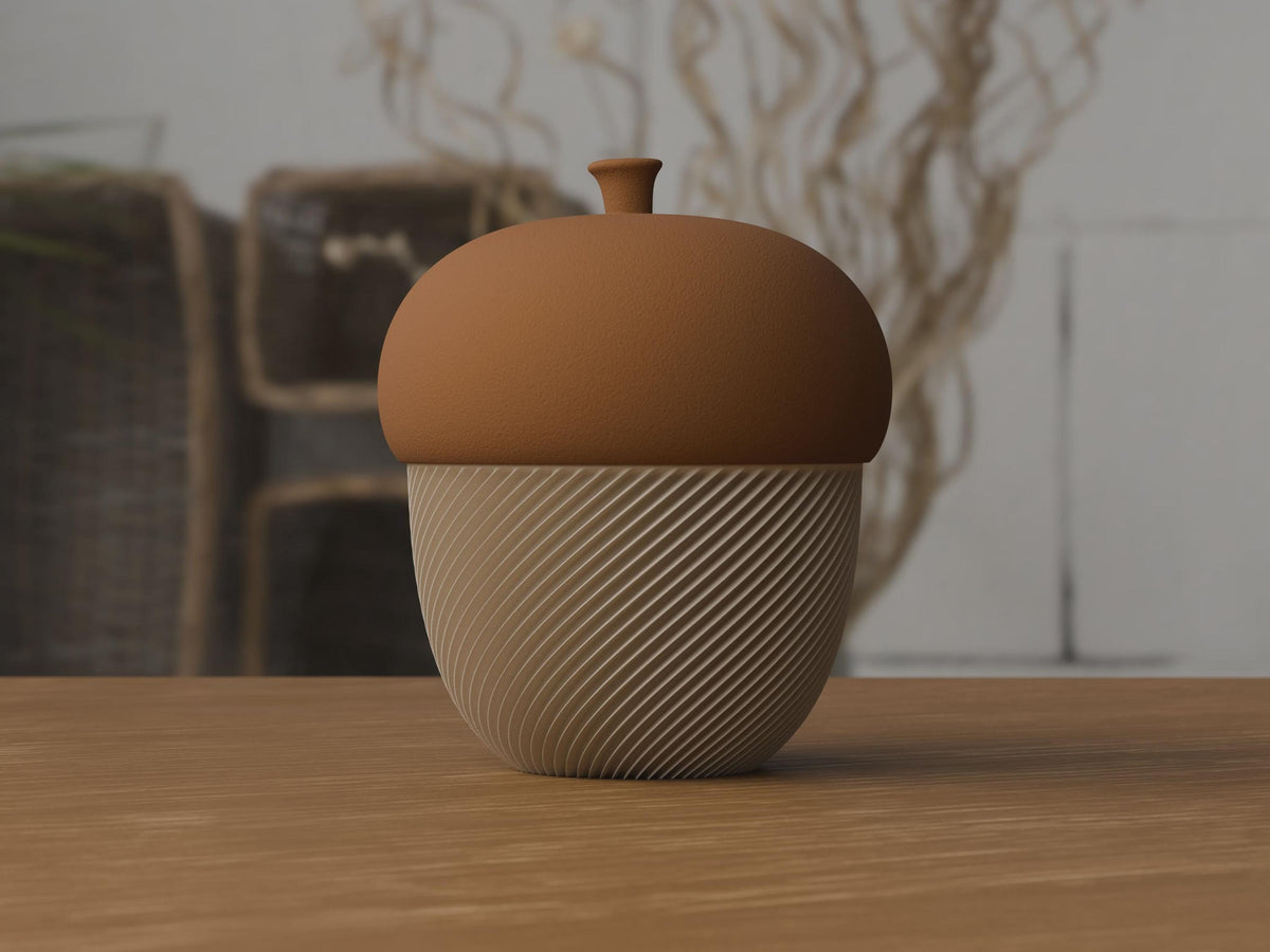 3D Printed Acorn Trinket Box, Spiral Ribbed Autumn Storage Jar (80x100mm)