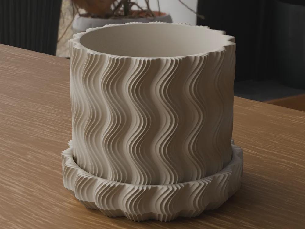 Wavy Ribbed 3D Printed Planter with Saucer, Japandi Scandi Decor (PLA)