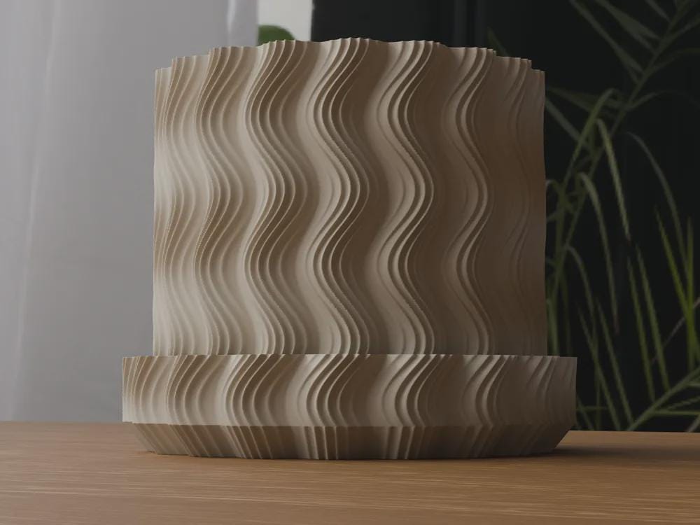 Wavy Ribbed 3D Printed Planter with Saucer, Japandi Scandi Decor (PLA)