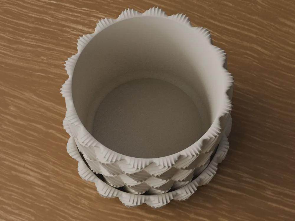 Wavy Ribbed 3D Printed Planter with Saucer, Japandi Scandi Decor (PLA)