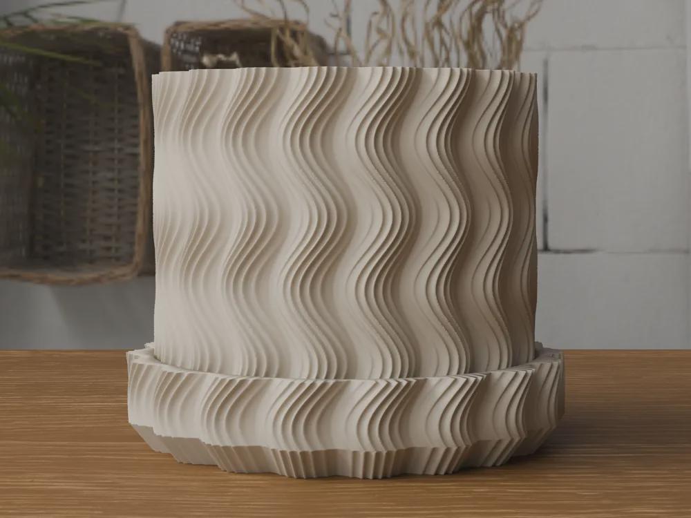 Wavy Ribbed 3D Printed Planter with Saucer, Japandi Scandi Decor (PLA)