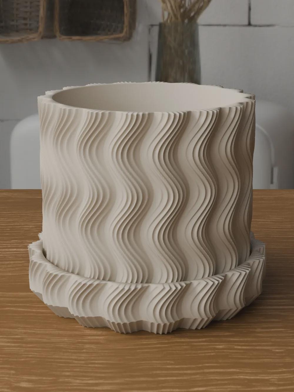 Wavy Ribbed 3D Printed Planter with Saucer, Japandi Scandi Decor (PLA)