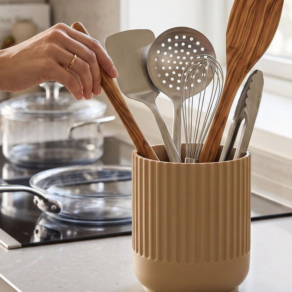 Japandi Kitchen Utensil Holder, 3D Printed PLA Countertop Caddy, Modern Kitchen Organizer