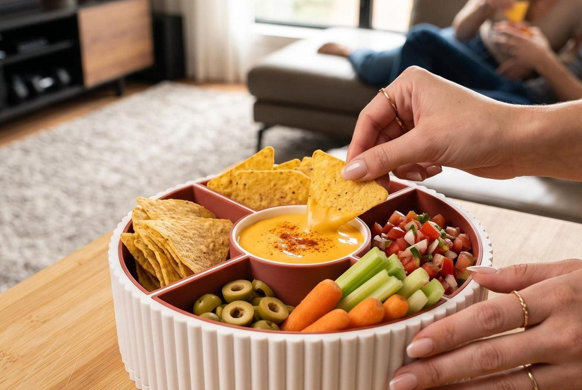 360 Rotating Ribbed Snack Tray, 4 Removable Bowls, Modern Organizer (3D Printed)