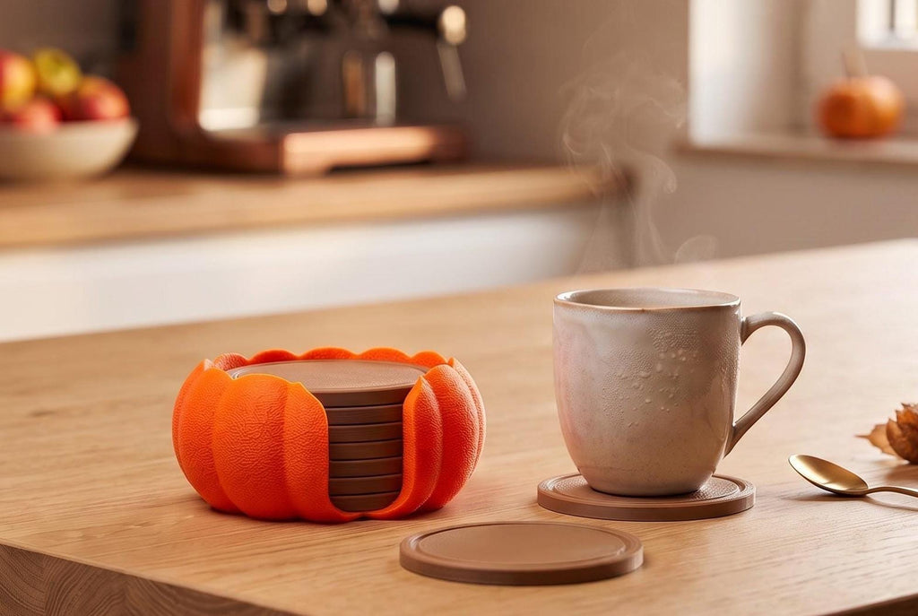 3D Printed Pumpkin Coaster Set with Holder, Autumn Table Decor (Set of 7)