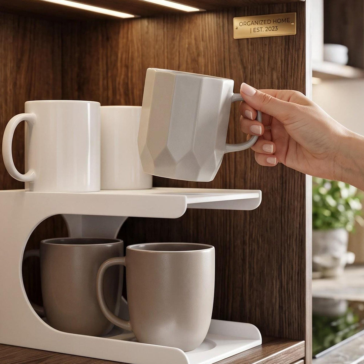 3D Printed Vertical Cup Organizer, Space-Saving Cabinet Storage (4 Cup Holder)