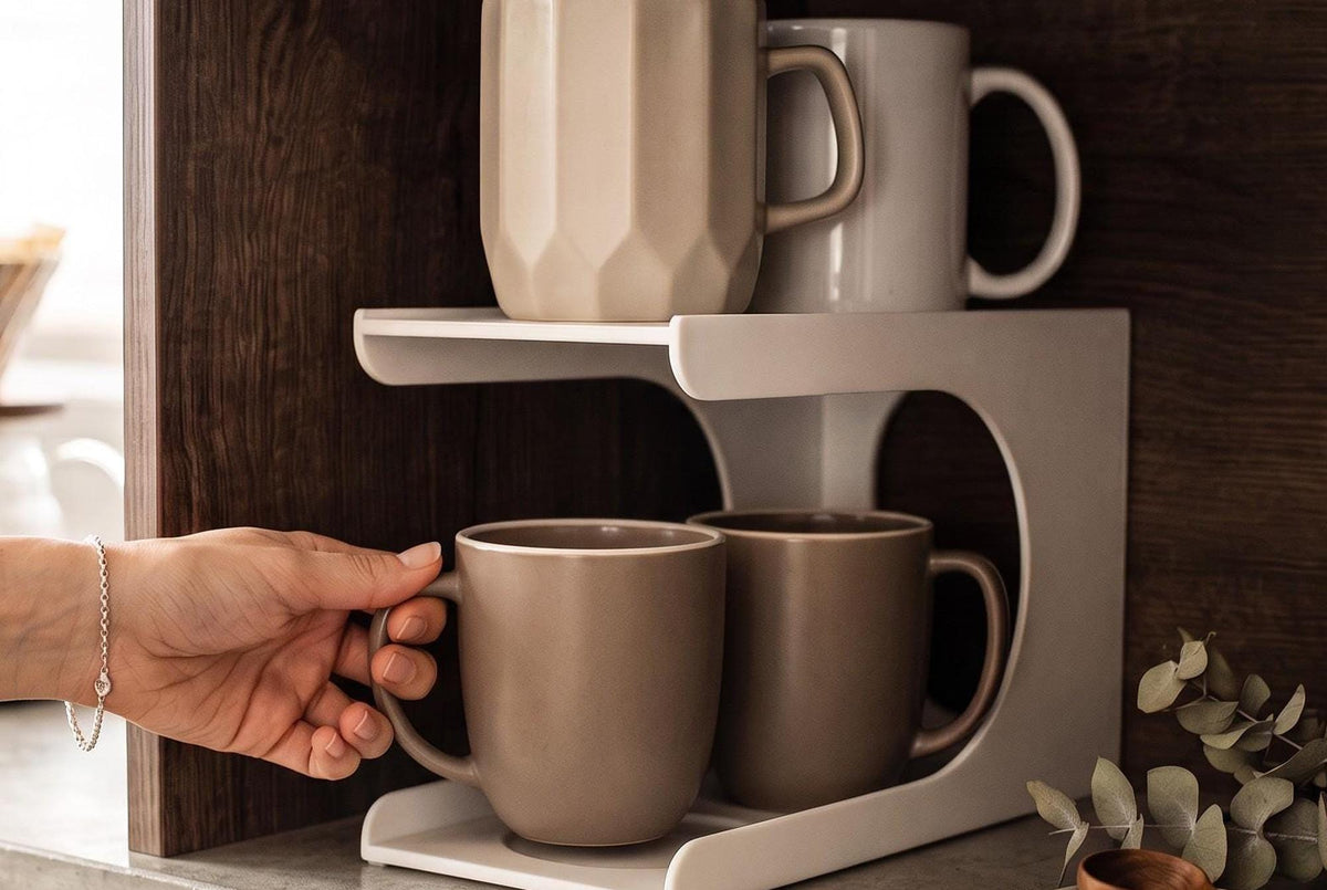 3D Printed Vertical Cup Organizer, Space-Saving Cabinet Storage (4 Cup Holder)
