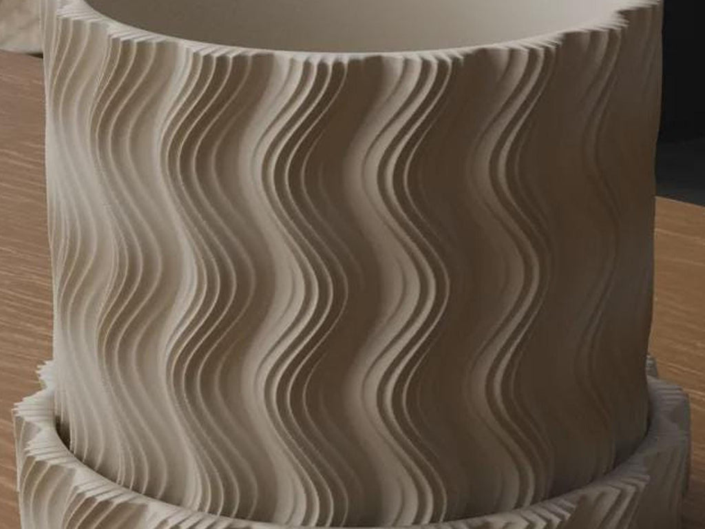 Wavy Ribbed 3D Printed Planter with Saucer, Japandi Scandi Decor (PLA)