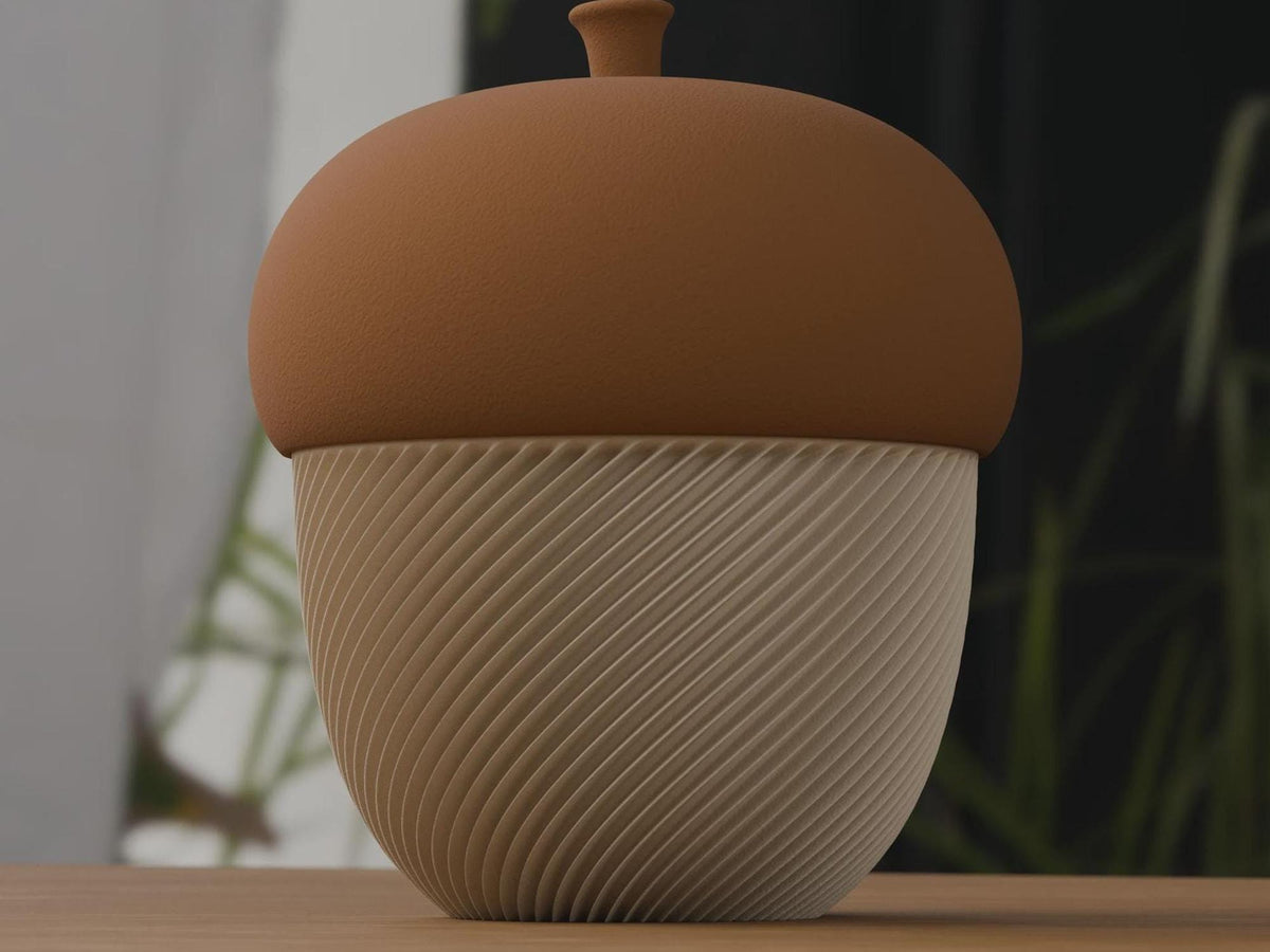 3D Printed Acorn Trinket Box, Spiral Ribbed Autumn Storage Jar (80x100mm)