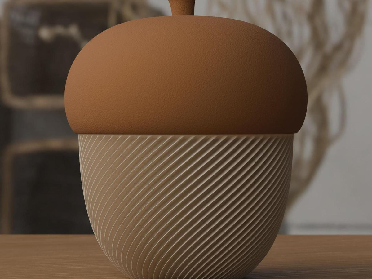 3D Printed Acorn Trinket Box, Spiral Ribbed Autumn Storage Jar (80x100mm)