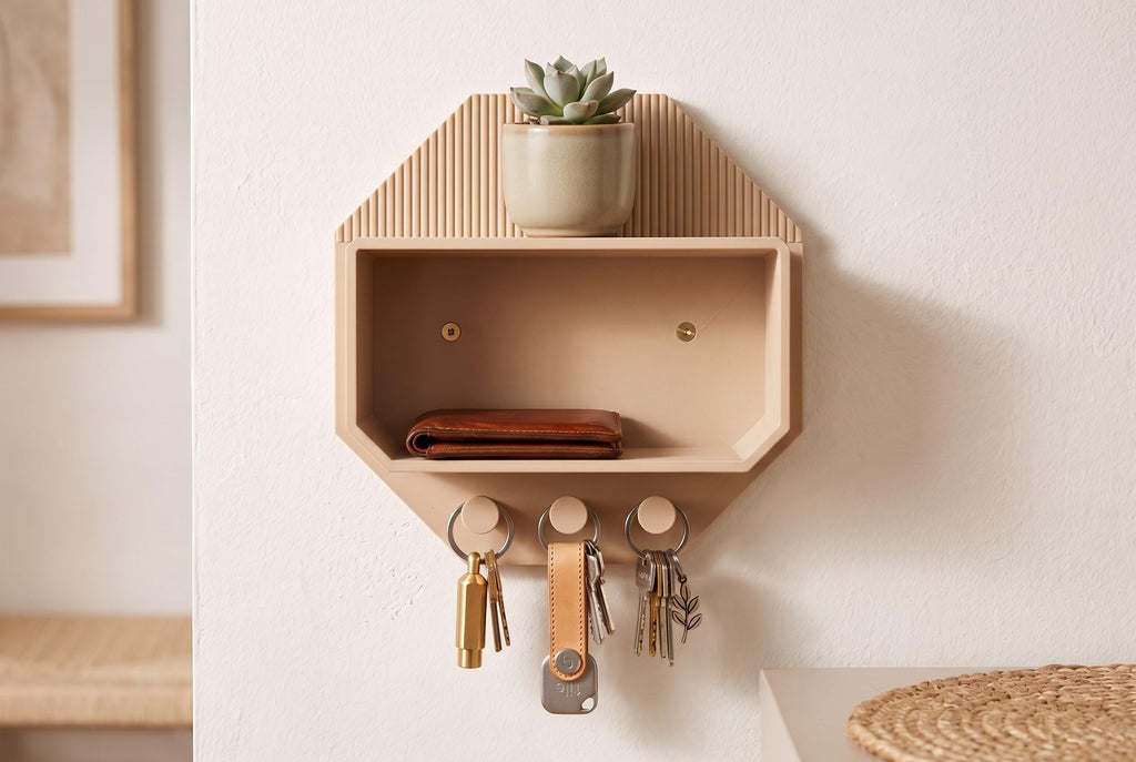 Modern Octagonal Key Shelf – 3D Printed Entryway Organizer with Hooks (PLA)