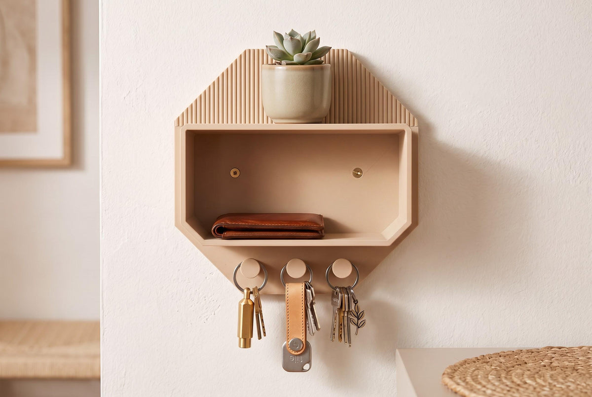 Modern Octagonal Key Shelf – 3D Printed Entryway Organizer with Hooks (PLA)