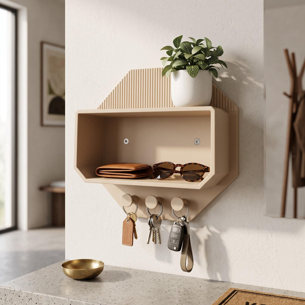 Modern Octagonal Key Shelf – 3D Printed Entryway Organizer with Hooks (PLA)