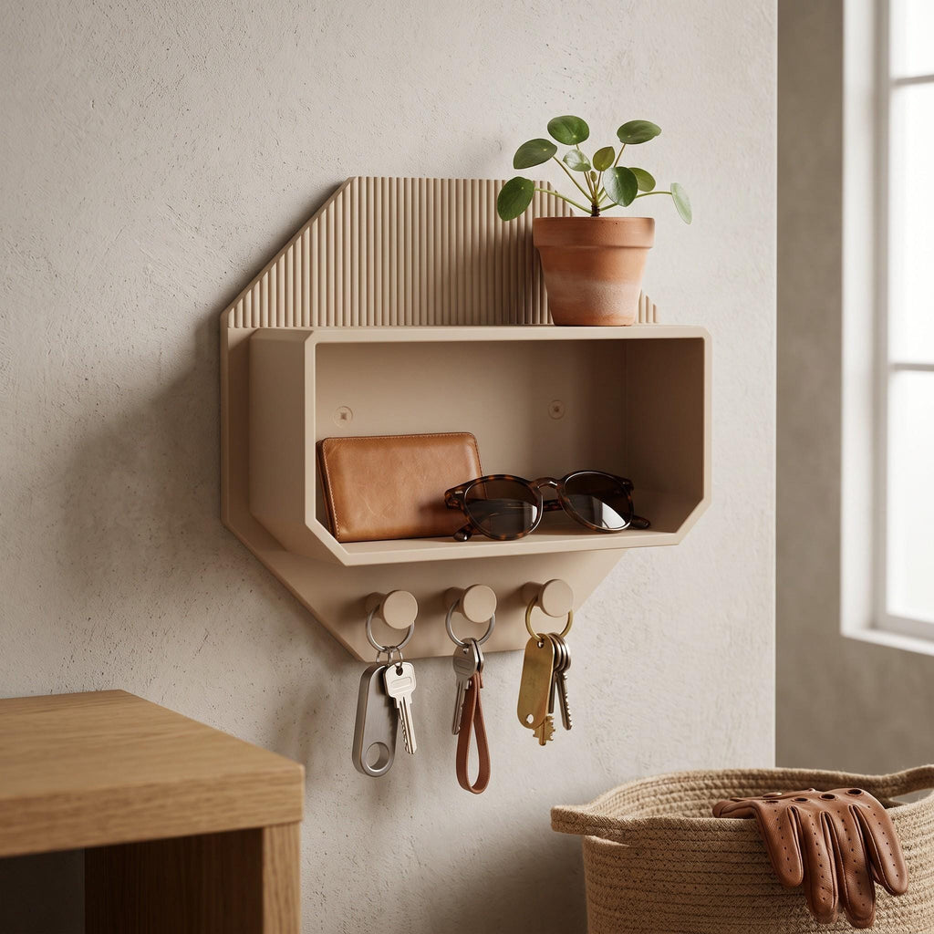 Modern Octagonal Key Shelf – 3D Printed Entryway Organizer with Hooks (PLA)