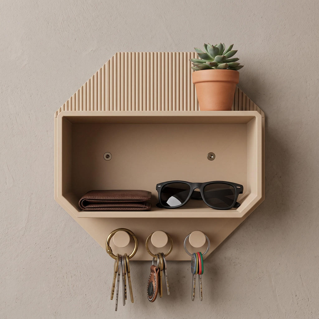 Modern Octagonal Key Shelf – 3D Printed Entryway Organizer with Hooks (PLA)