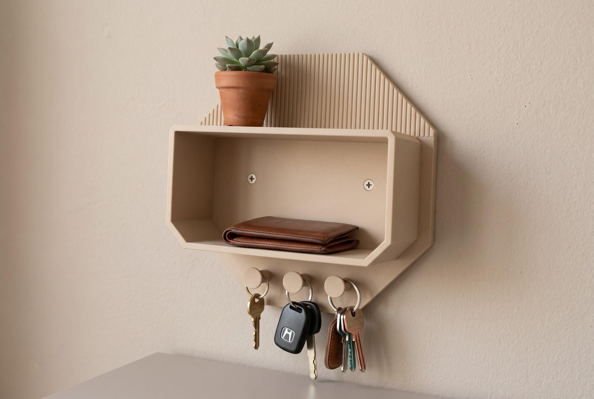 Modern Octagonal Key Shelf – 3D Printed Entryway Organizer with Hooks (PLA)