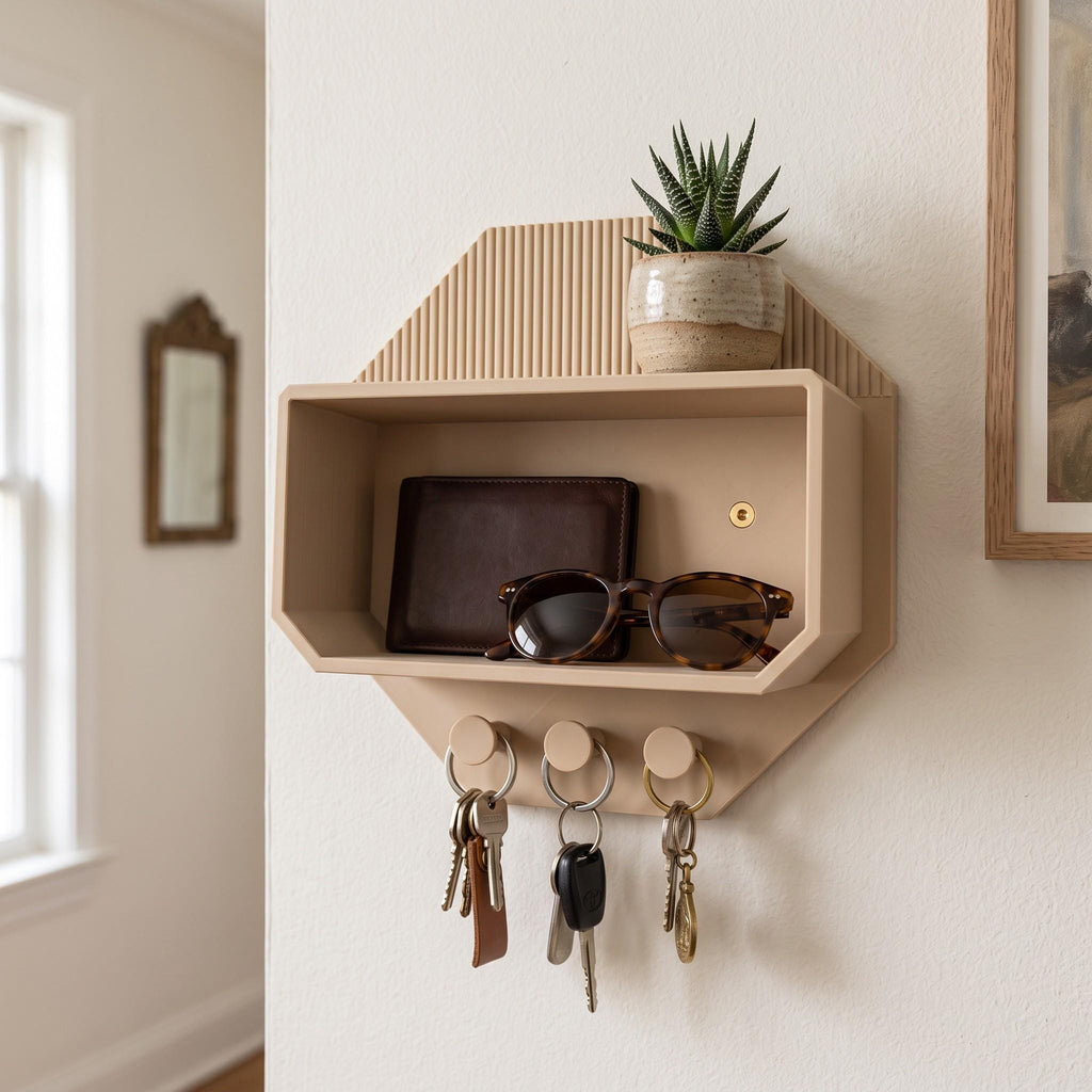 Modern Octagonal Key Shelf – 3D Printed Entryway Organizer with Hooks (PLA)